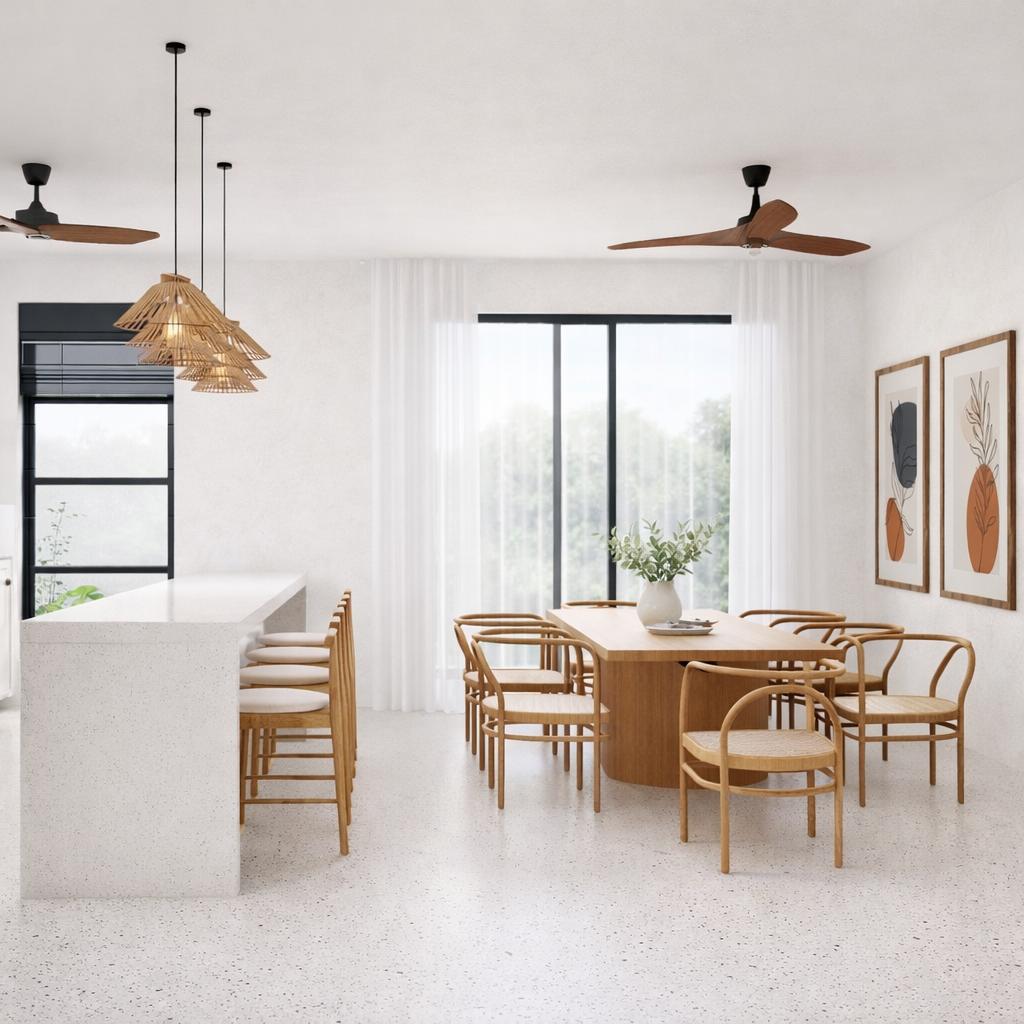 Galu Bungalow — dining area with hardwood cabinetry